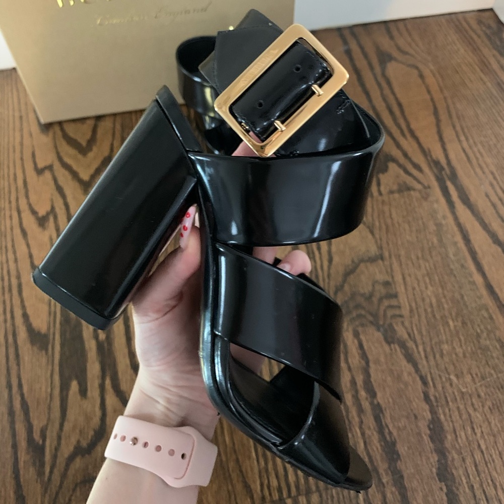 Black Patent Leather Burberry Sandals (Block Heel)